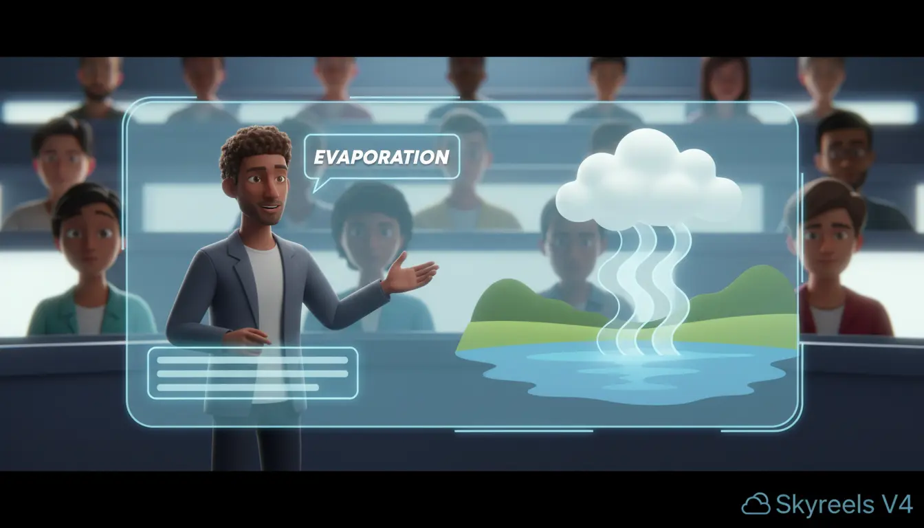 Skyreels V4 interactive education clip with aligned narration and animated visual explanation